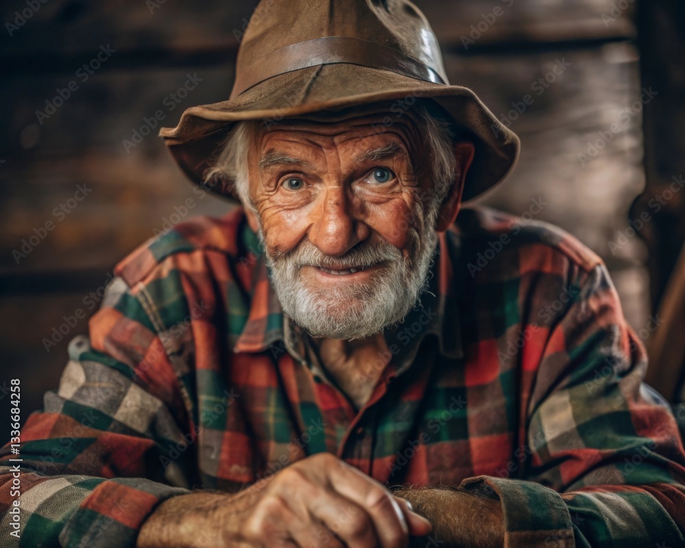 Obraz premium Warm lighting fishing portraits of an elderly man in a flannel shirt at a rustic cabin