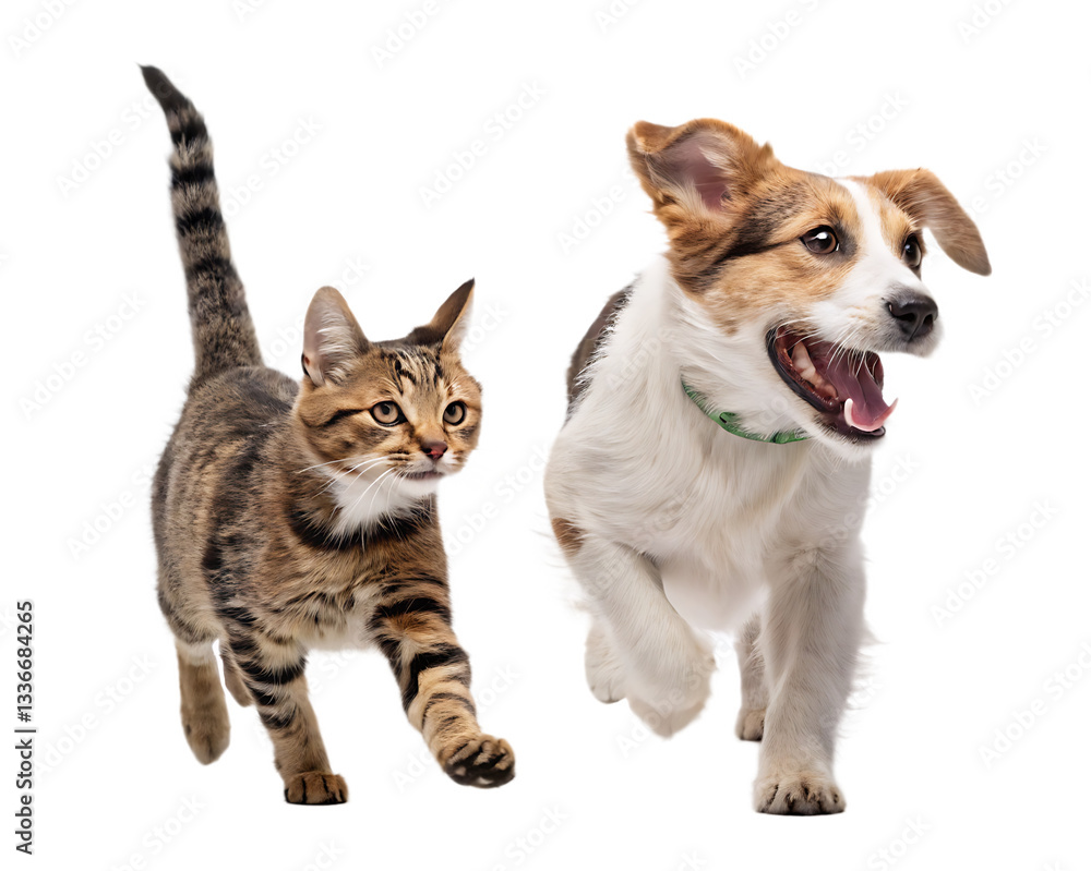 Obraz premium Dogs and cats joyfully running together in a playful moment indoors