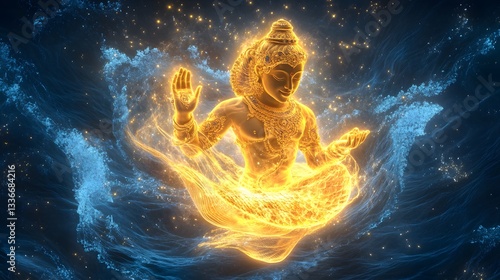 Obraz na płótnie A detailed 3D portrayal of Lord Vishnu is avatar, Matsya, the fish, swimming through the cosmic ocean with sacred light. w salonie