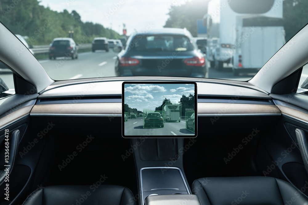 Fototapeta premium Self driving car on a road. Autonomous vehicle. Inside view
