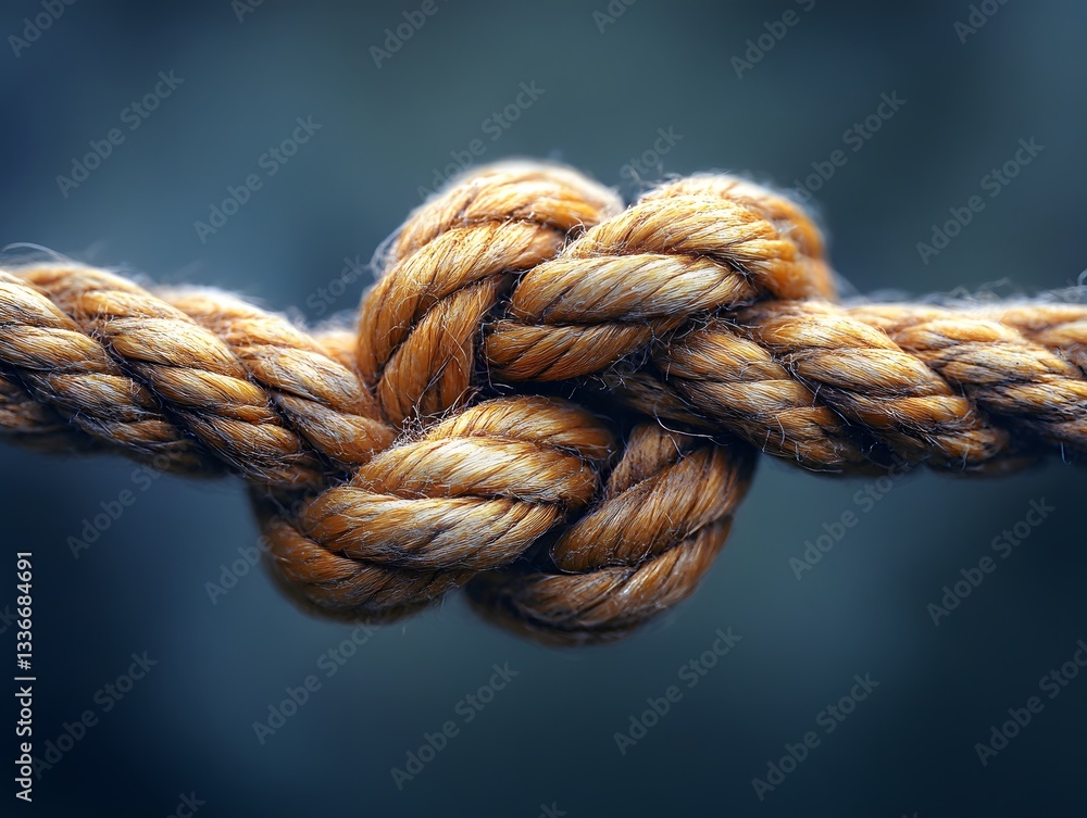 Knot of Strength: A close-up captures a robust rope intricately tied in a secure knot against a blurred background Knot of Strength: A close-up captures a robust rope intricately tied in a secure knot against a blurred background
