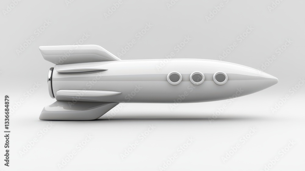 A streamlined white rocket model rests against a simple background, highlighting its aerodynamic shape and distinct features. The polished surface reflects light, enhancing its modern aesthetic A streamlined white rocket model rests against a simple background, highlighting its aerodynamic shape and distinct features. The polished surface reflects light, enhancing its modern aesthetic