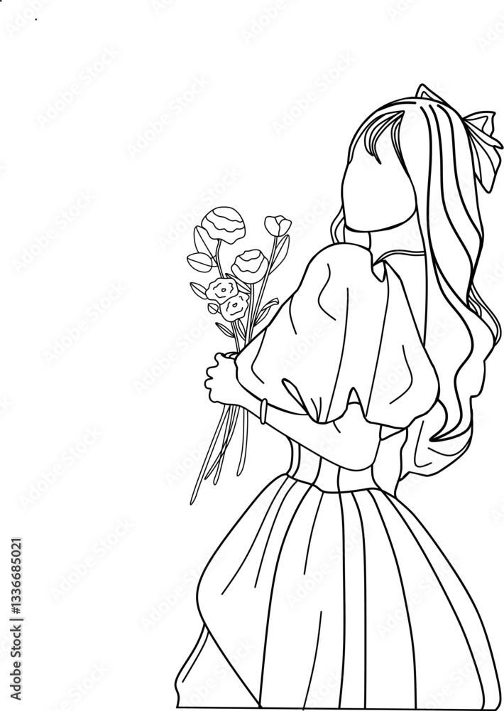 Fototapeta premium Beautiful woman line design holding simple flower in flat style.