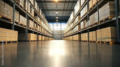 Wallpaper Mural An organized warehouse with towering shelves filled with uniformly stacked boxes, bathed in bright industrial lighting. Torontodigital.ca