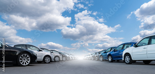 A lot of cars in a rows. Used car sales