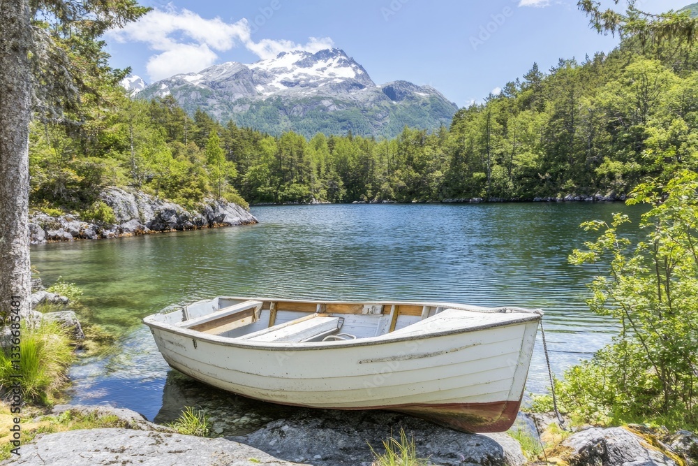 Serene mountain lake scene with a small, white rowboat resting on a rocky shore Serene mountain lake scene with a small, white rowboat resting on a rocky shore