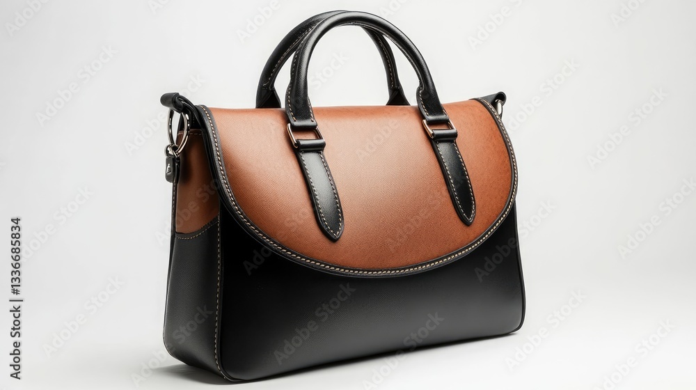 Fototapeta premium Elegant leather handbag showcasing a stylish design with contrasting colors against a minimalist background