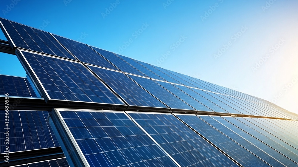Obraz premium Expansive Solar Power Plant Featuring Hundreds of Symmetrically Aligned Solar Panels Under Clear Blue Sky