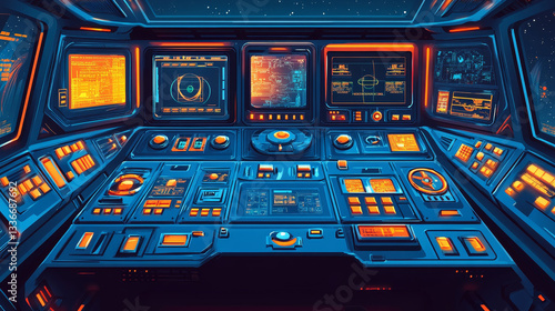 Futuristic spaceship control panel; vibrant blue and orange interface