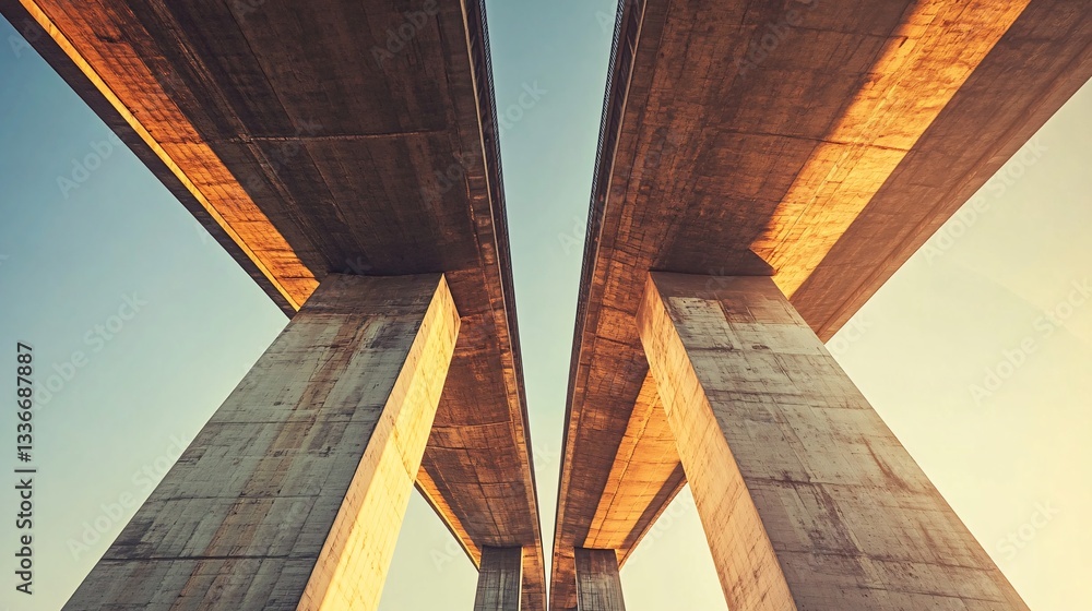 Fototapeta premium Low-Angle Close-Up of Symmetrical Concrete Support Pillars of a Modern Bridge Against a Clear Sky