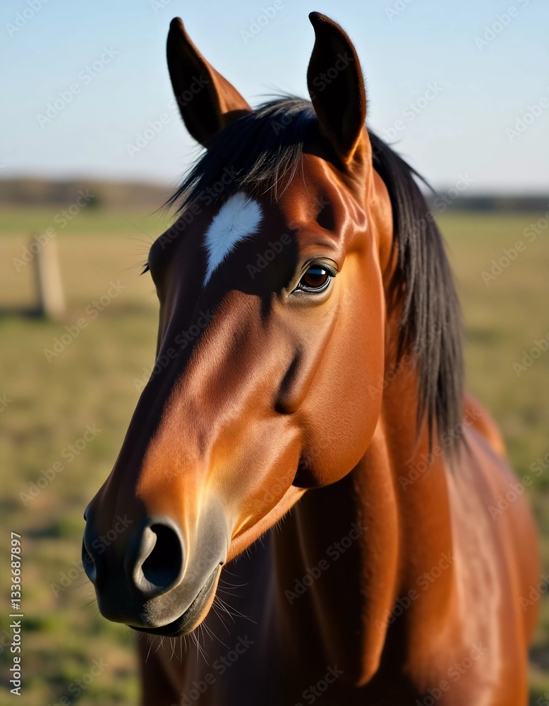 Obraz premium A majestic brown horse gazes gently into the distance, its warm coat illuminated by soft sunlight in a tranquil rural setting, embodying grace and strength Generative AI