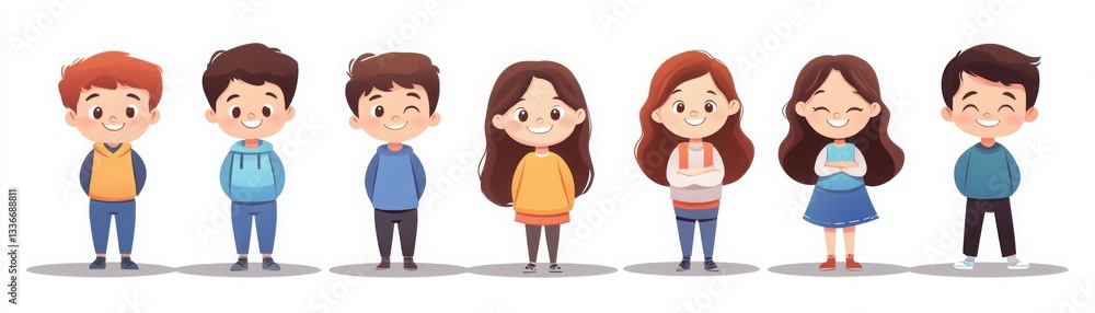 A colorful illustration of seven diverse cartoon children standing in a row, each showcasing different hairstyles and outfits. A colorful illustration of seven diverse cartoon children standing in a row, each showcasing different hairstyles and outfits.