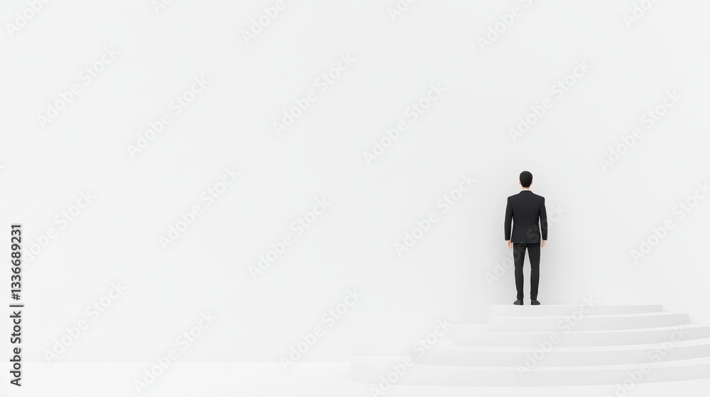 A man dressed in formal attire stands on white steps in a minimalist setting with stark white walls. He appears deep in thought, reflecting on his situation or choices A man dressed in formal attire stands on white steps in a minimalist setting with stark white walls. He appears deep in thought, reflecting on his situation or choices