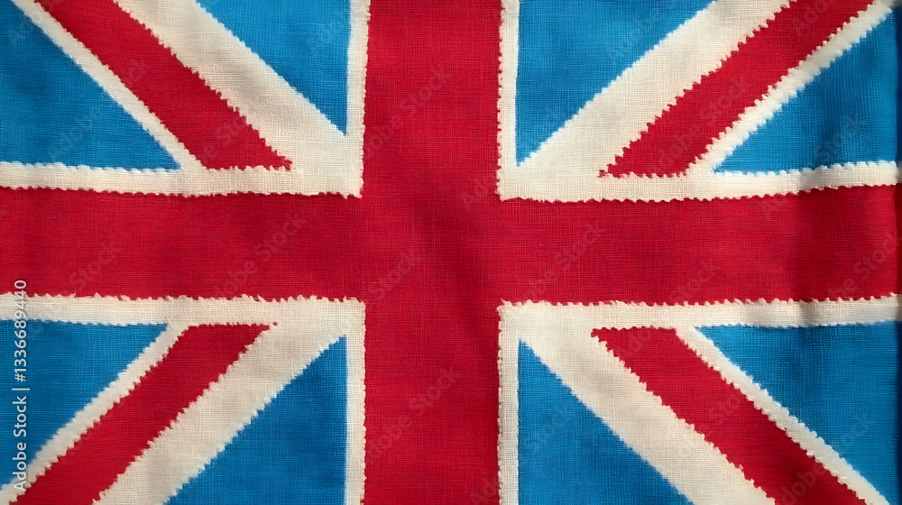 Fototapeta premium Close-up of a Woven Union Jack Flag with Red, White, and Blue Threads
