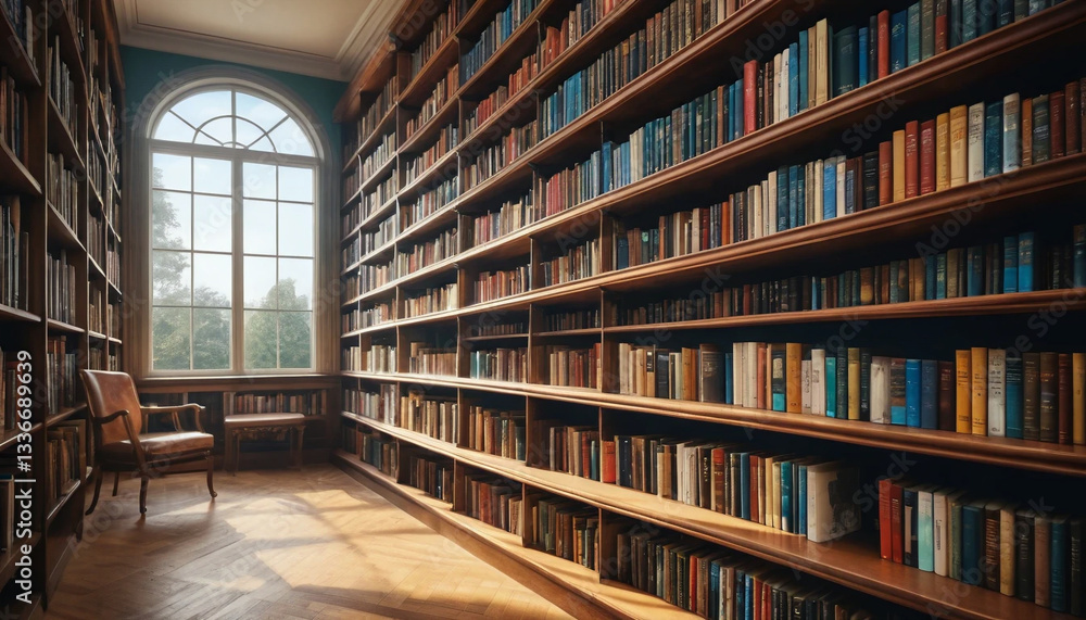 Library Bookshelf in a Vibrant Reading Room – Hyper-Realistic Detail. Generative Ai Library Bookshelf in a Vibrant Reading Room – Hyper-Realistic Detail. Generative Ai