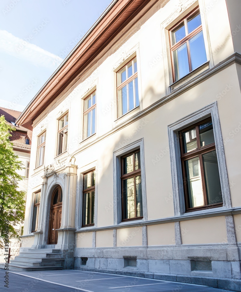 Fototapeta premium This historic building features intricate architectural details with large windows reflecting the clear sky. The surrounding area is calm, showcasing a well-maintained environment