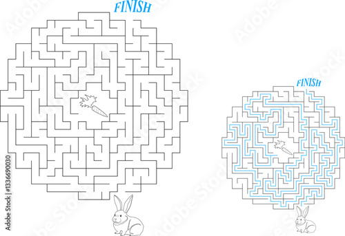 Help bunny pass through circular maze to find carrot. Feed the hungry pet labyrinth. Medium difficulty riddle for kids and parents with solution