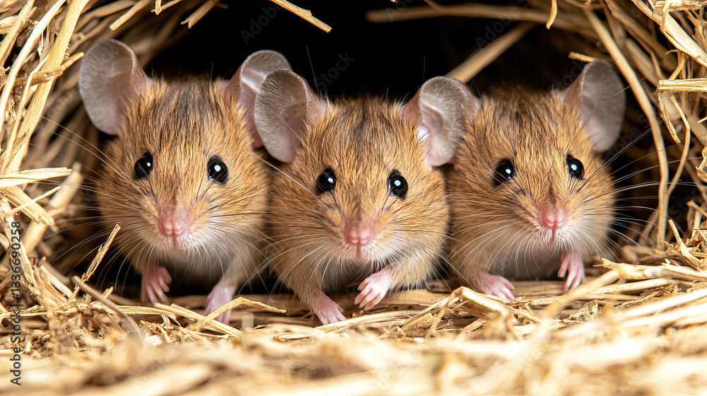 Lively group of mice interacting playfully in cozy straw nest, showcasing their adorable features and curious expressions Lively group of mice interacting playfully in cozy straw nest, showcasing their adorable features and curious expressions