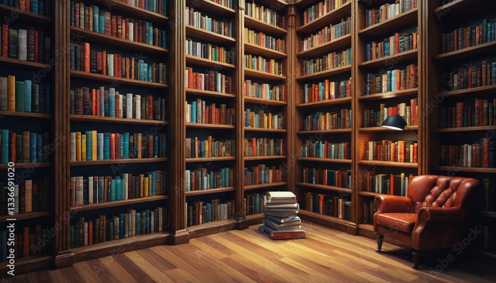 Library Bookshelf in a Vibrant Reading Room – Hyper-Realistic Detail. Generative Ai Library Bookshelf in a Vibrant Reading Room – Hyper-Realistic Detail. Generative Ai