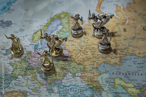 Photography The Roman warrior pawns fight a battle on the world map
