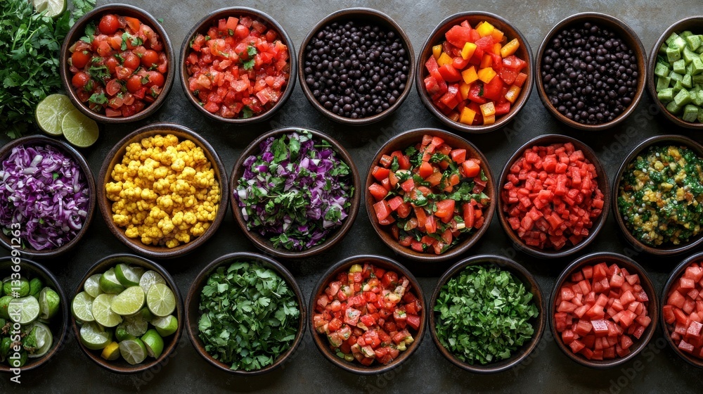 Fototapeta premium Assorted Colorful Salsa and Topping Bowls