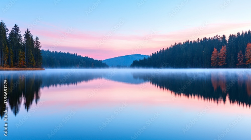Fototapeta premium Tranquil Lake at Sunrise with Soft Mist Over the Still Water