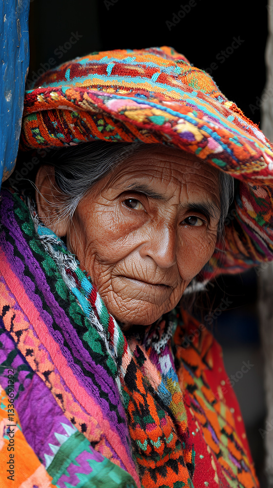 Fototapeta premium Elderly Mexican woman wearing a colorful traditional hat
