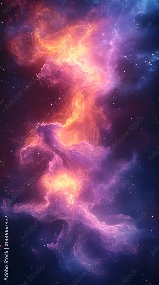 Fototapeta premium Celestial Symphony: A mesmerizing display of cosmic nebulas, painted with vibrant hues of orange, purple, and blue, forming a breathtaking panorama of interstellar clouds