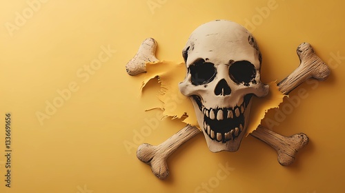 Jolly Roger flag with eerie skull design, representing pirate life, fearsome reputation, and lawless ocean voyages, adventure-themed storytelling, vintage comic book style photo