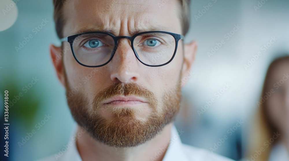 Focused professional with glasses, young man in smart attire, serious expression, engaged in a corporate environment. Focused professional with glasses, young man in smart attire, serious expression, engaged in a corporate environment.