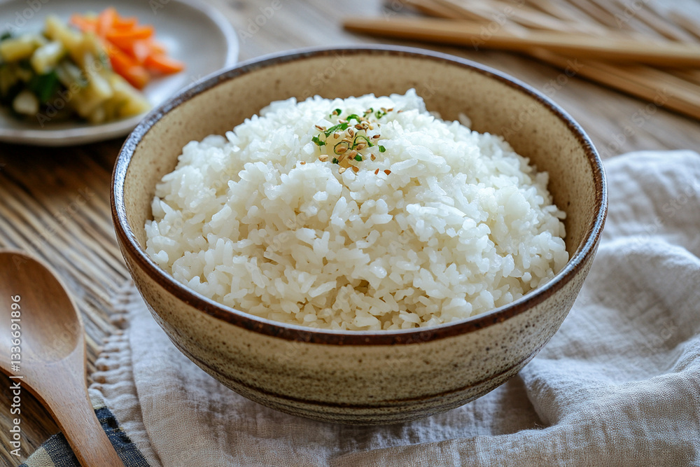 A bowl filled with fluffy, white rice garnished with a sprinkle of herbs rests on a textured linen cloth beside colorful side dishes A bowl filled with fluffy, white rice garnished with a sprinkle of herbs rests on a textured linen cloth beside colorful side dishes