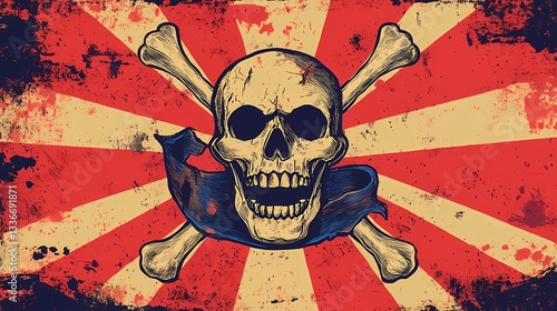 Jolly Roger flag with eerie skull design, representing pirate life, fearsome reputation, and lawless ocean voyages, adventure-themed storytelling, vintage comic book style photo