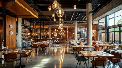 Modern industrial restaurant interior with exposed brick and warm lighting