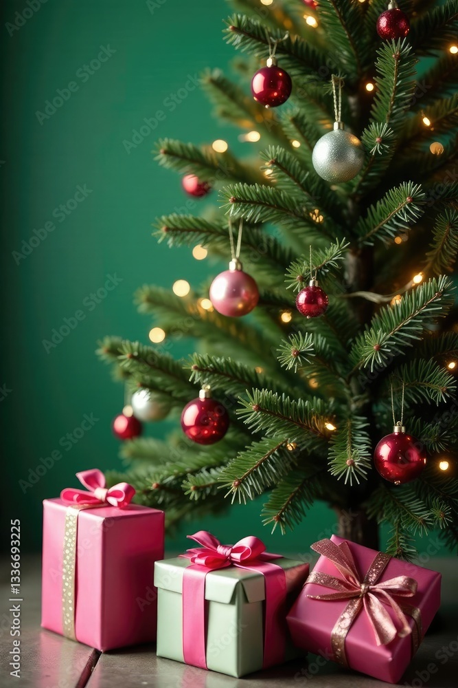 Decorated Christmas tree with pink and green presents, presents, aluminum, tree Decorated Christmas tree with pink and green presents, presents, aluminum, tree