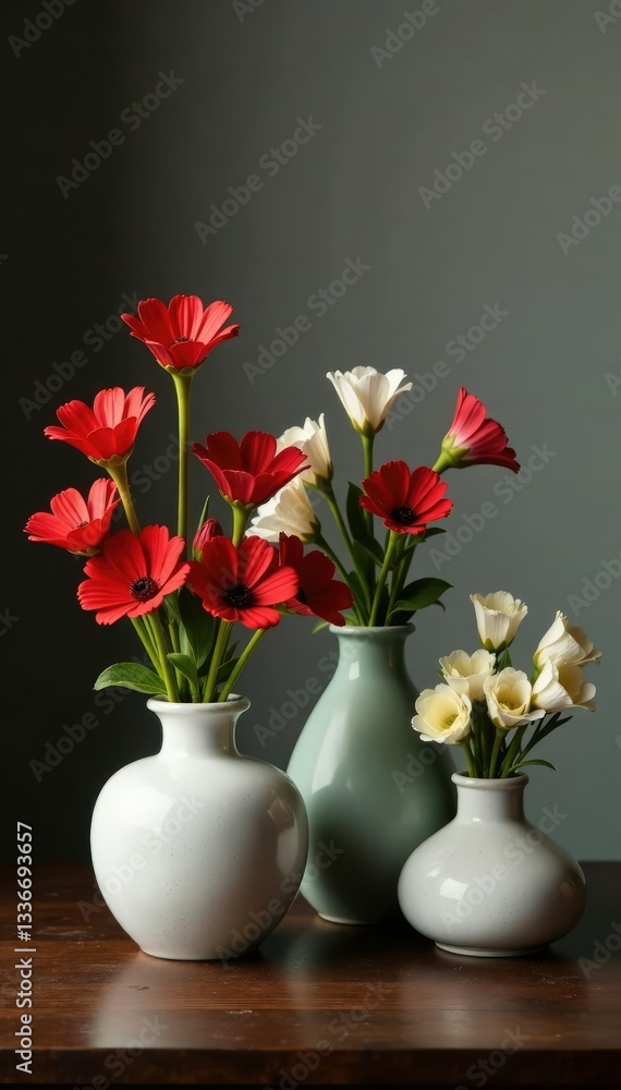Decorative vases with red and white flowers on a dark wooden table, decoration, centerpiece, table Decorative vases with red and white flowers on a dark wooden table, decoration, centerpiece, table