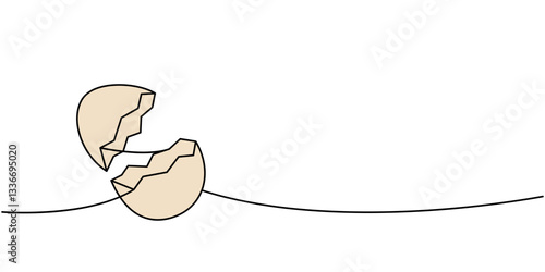 Open cracked eggshell one line colored continuous drawing. Organic farm product. Vector illustration