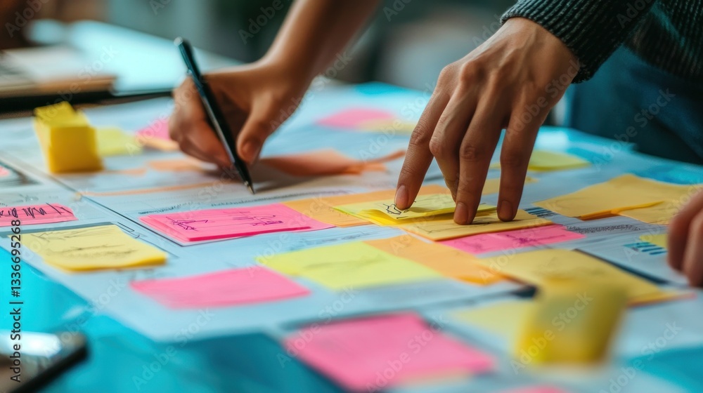 Fototapeta premium Collaborative Teamwork: Brainstorming Session with Sticky Notes