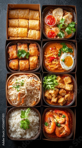 Wallpaper Mural A colorful variety of Thai dishes arranged in stylish boxes offers a delightful culinary experience. Each box is filled with unique flavors, fresh ingredients, and aromatic scents Torontodigital.ca