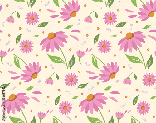 Seamless floral pattern featuring Echinacea and green leaves on a soft light background. Perfect for use in textile design, invitations, wallpapers, and digital projects.