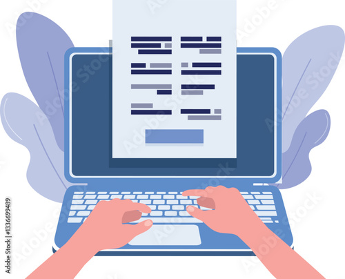 Hand part typing on laptop. submit the filling form. Flat design style