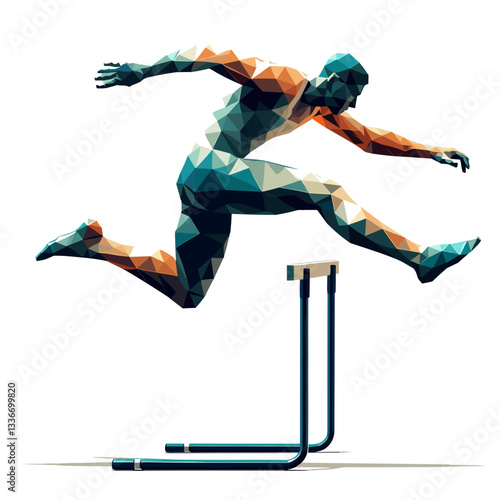 Athlete jumping over hurdle against plain background.