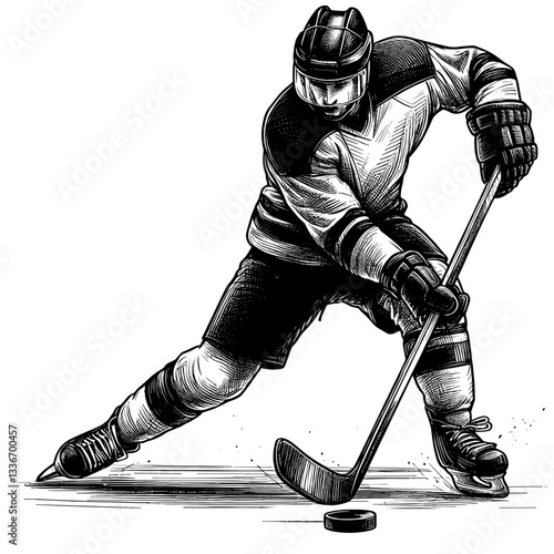 Hockey player skating with puck on ice
