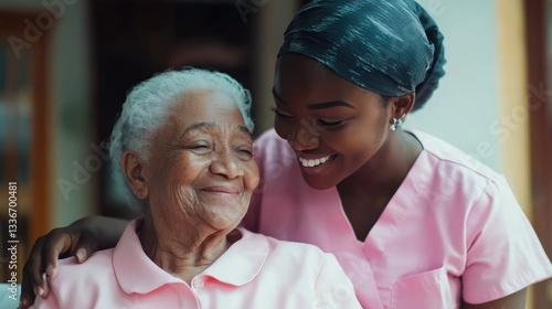 Caring nurse smiles warmly at elderly woman in a cozy indoor setting, showcasing compassion and connection
