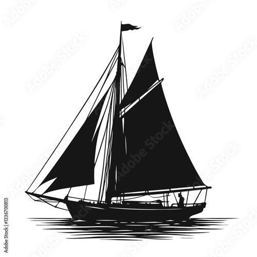 Sailing boat in silhouette style in black and white for nautical theme
