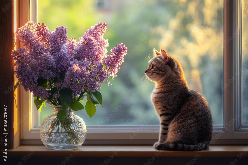 Cat sitting by a window with lilac flowers during golden hour light