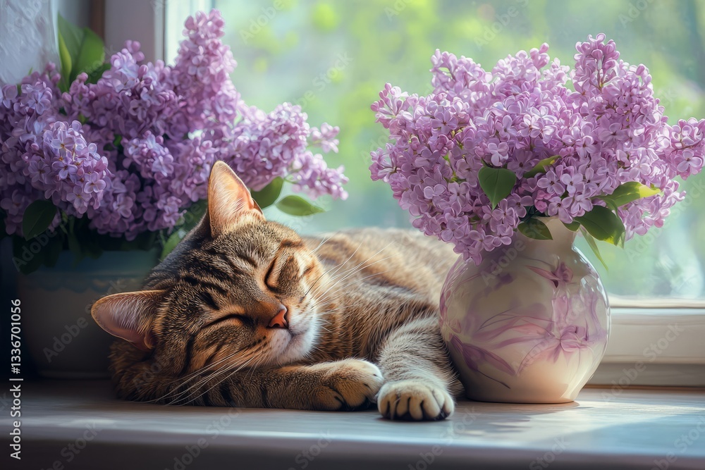 Cozy cat relaxing near blooming lilac flowers in bright sunlight during springtime