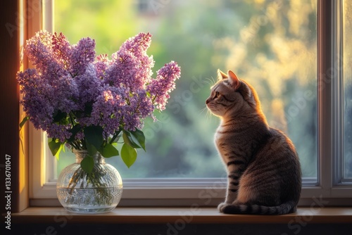 Obraz na płótnie Cat sitting by a window with lilac flowers during golden hour light w salonie