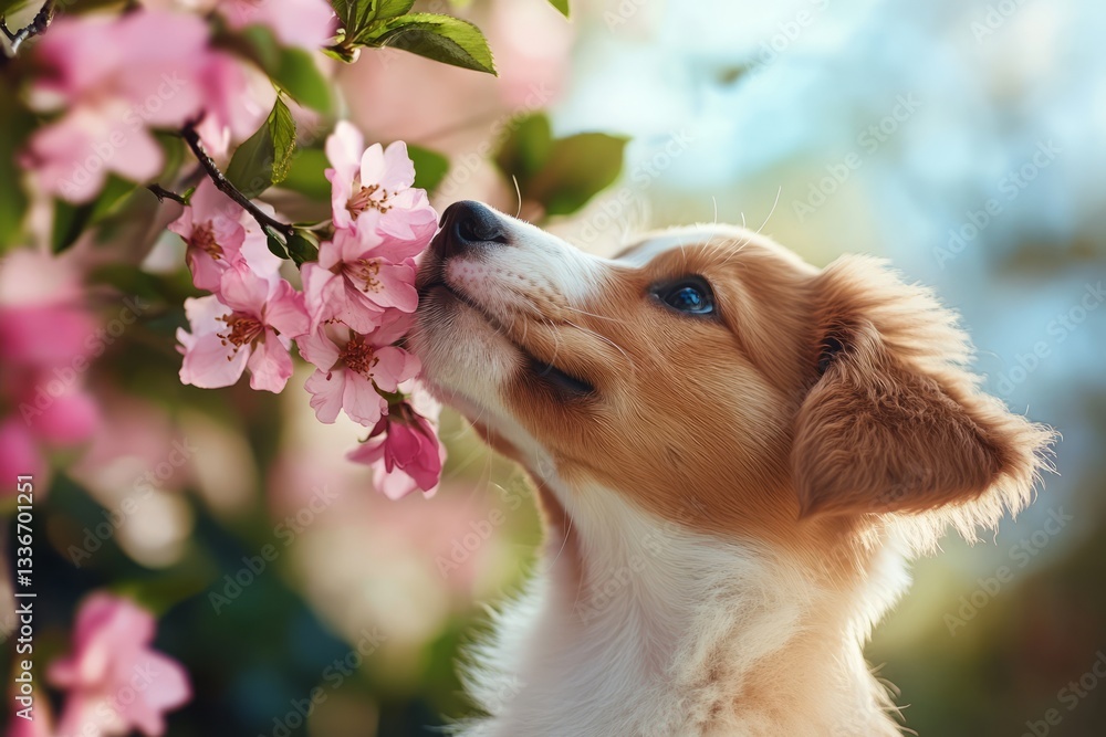 Puppy enjoys a moment of joy while smelling cherry blossoms in a vibrant spring garden