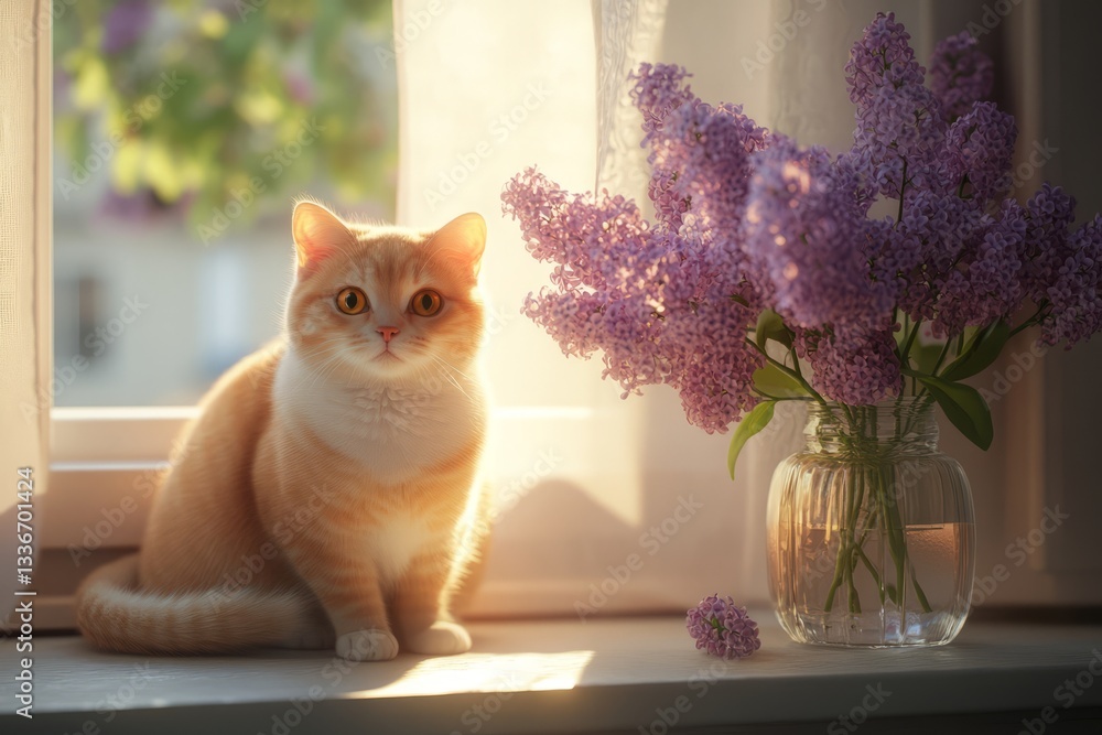 Soft golden cat sitting beside a vase of lilac flowers on a sunlit windowsill during a warm afternoon