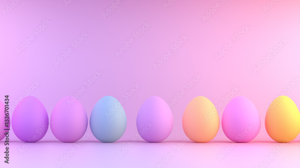 Fototapeta premium A gradient of vibrant pastel eggs lines up against a soft pink-to-yellow backdrop, embodying balance, contrast, and modern minimalism.